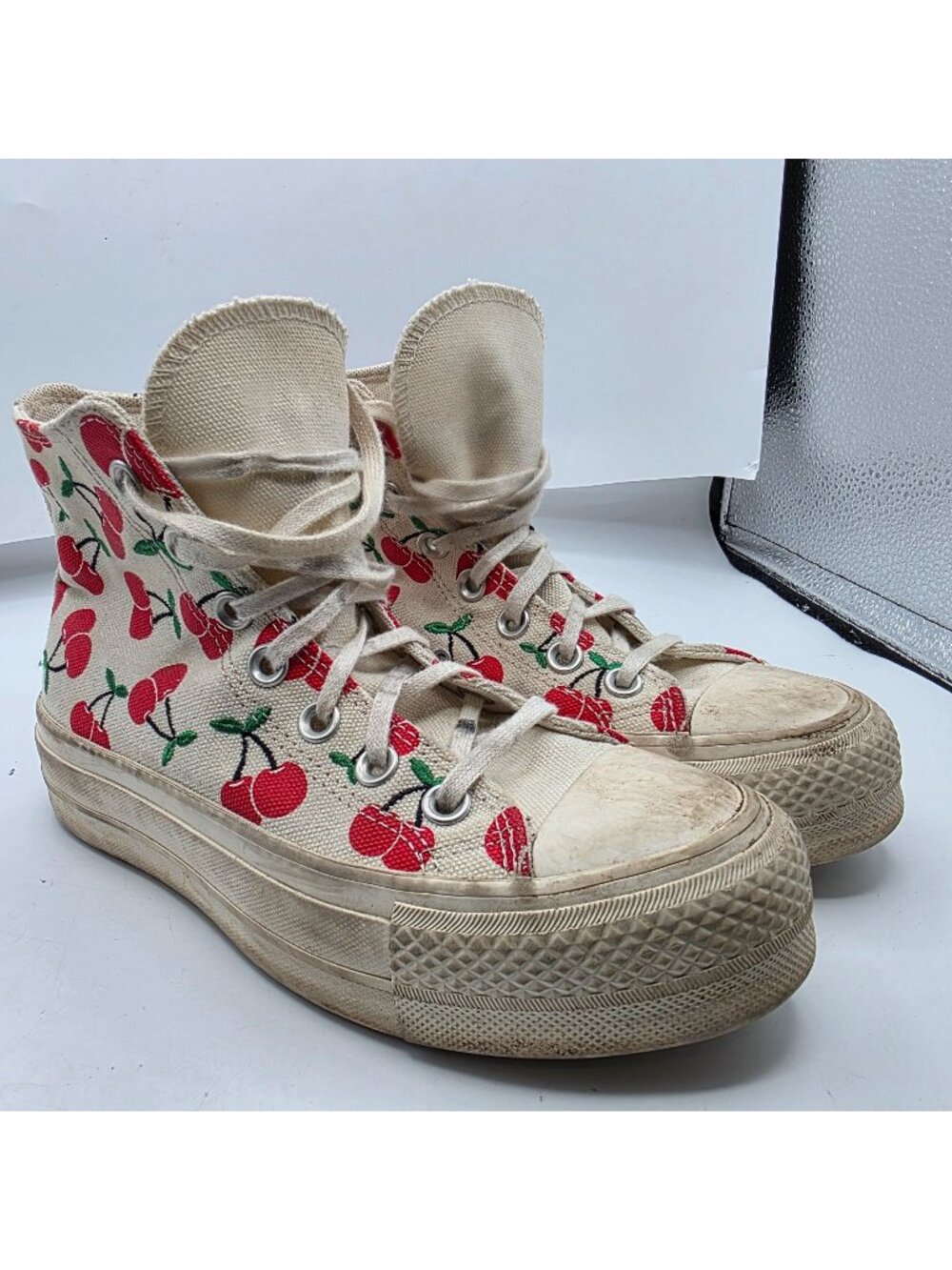 Converse All Star Womens Size 5 White Red Cherry Print High Top Shoes Casual